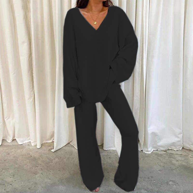 

New Thermal Pyjamas Set Autumn and Winter Solid Daily Warm Homewear V-neck Pajamas Set Women Black XXXL