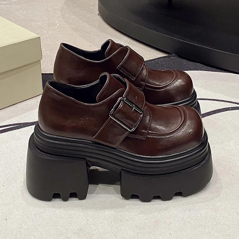 Fashion 10CM Heels Buckle Casual Leather Shoes New 2025 Spring Women Chunky Sneakers Comfortable Pumps High Platform Walking Shoes Woman