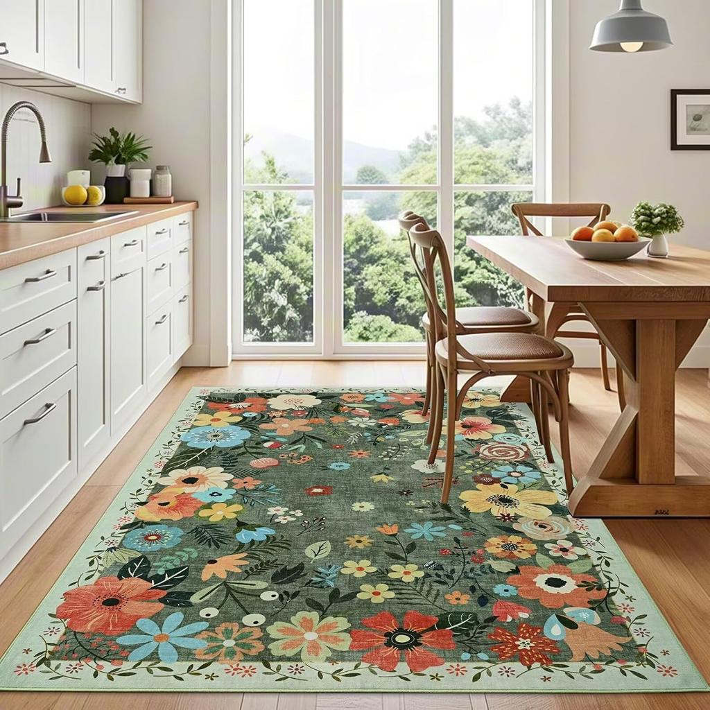 Sage Green Floral Area Rug, Washable Low Pile Carpet, Soft Non-Slip Mat for Living Room Bedroom Entryway