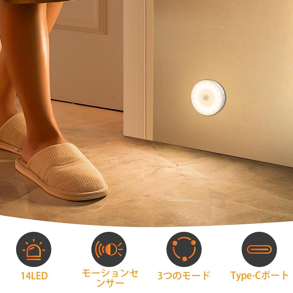 Motion Sensor Indoor Light, USB Rechargeable, 14 LEDs, Footlight with Light Sensor, for Kitchen, Closet, Bookshelf, Stairs, Bedroom, Toilet, Hallway