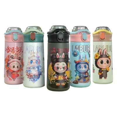 Copo de água com isolamento térmico de aço inoxidável de desenho animado Labubu, copo Carter com alça, copo quicante para bebida dupla, copo Pea