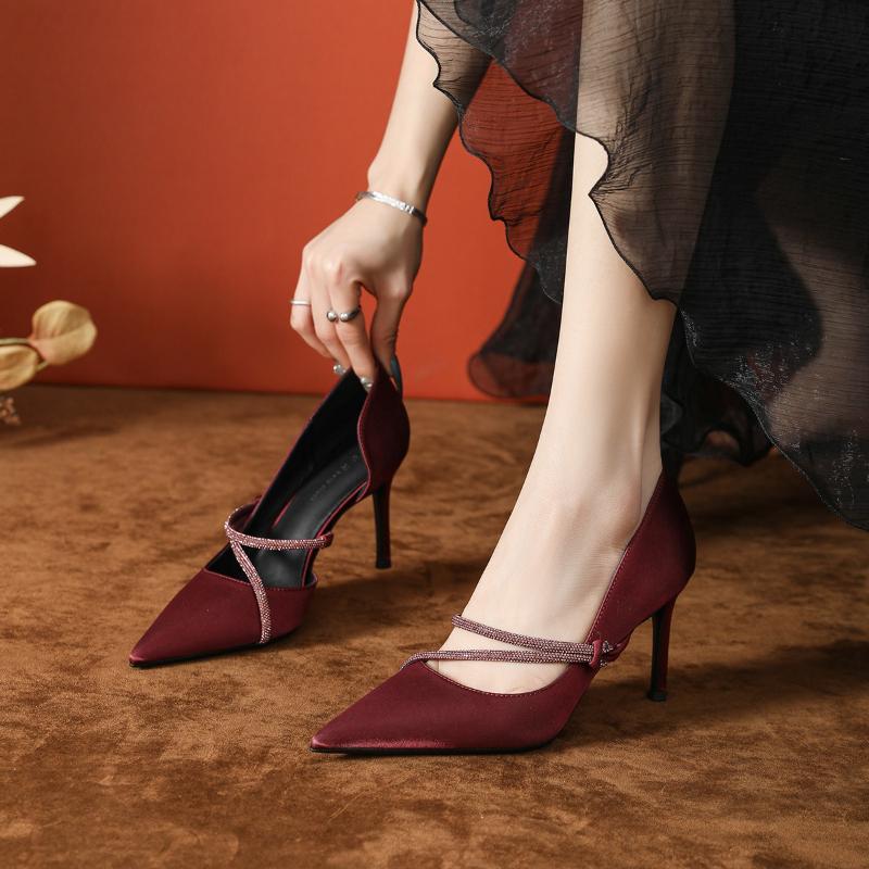 Women's Luxury Purple High Heel Sandals Rhinestone Strap Spring Summer Open Side Pointed Toe Stiletto