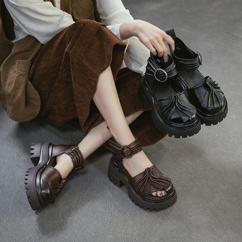 Johnature Genuine Leather Retro Pleated Thick Soled Sandals Comfortable And Breathable Women's Shoes