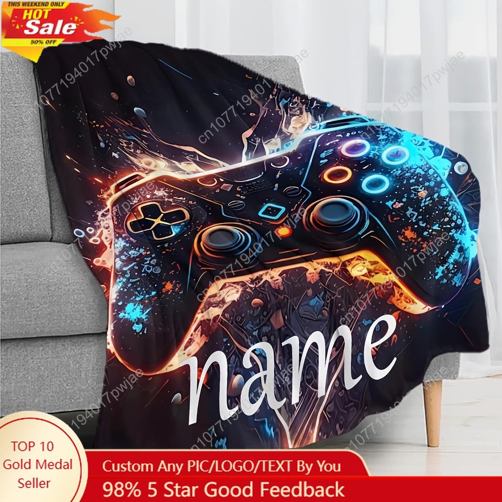 1pc Customizable Game Controller Design Flannel Blanket - Vibrant Blue & Orange Gaming Theme, Soft Light Beige-Friendly, Perfect