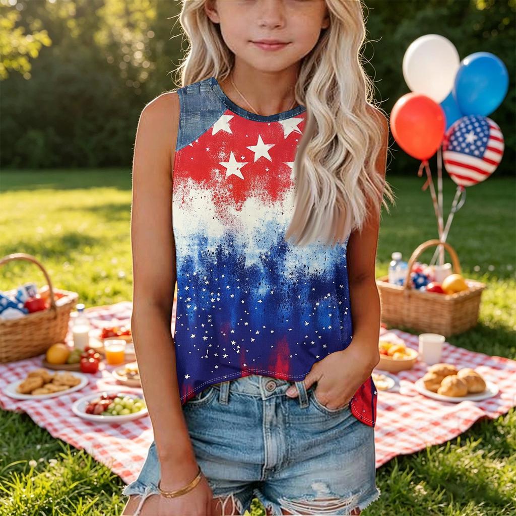Sleeveless Loose Fit Tank Top with Abstract Swirl Print and Denim Shoulder Panels Round Neck Casual Summer Shirt for Women