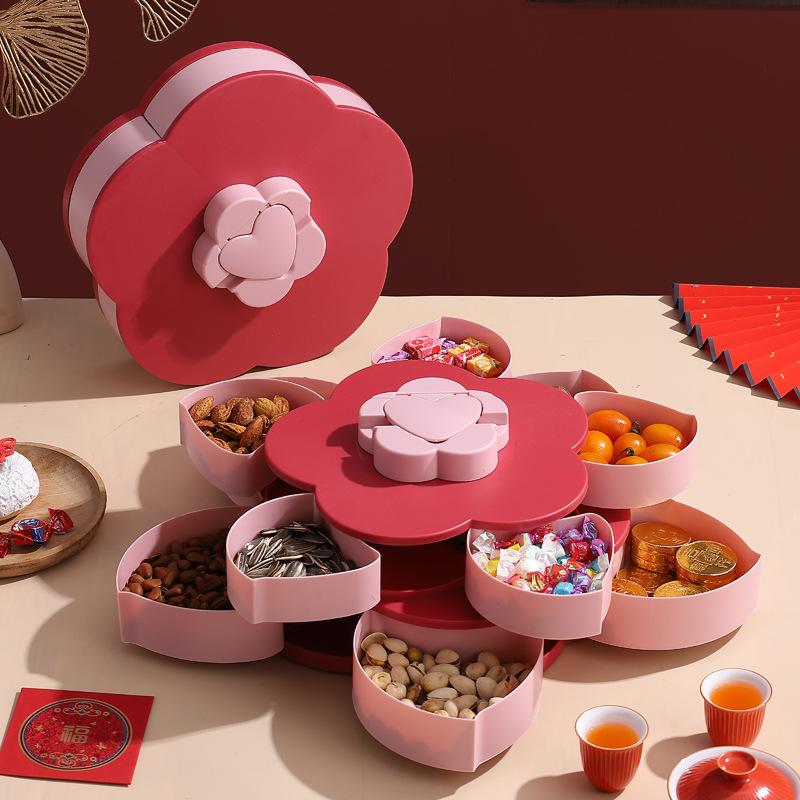Chinese Style Double-layer Rotating Fruit Tray Candy Box Lotus Fruit Box New Year Candy Fruit Storage