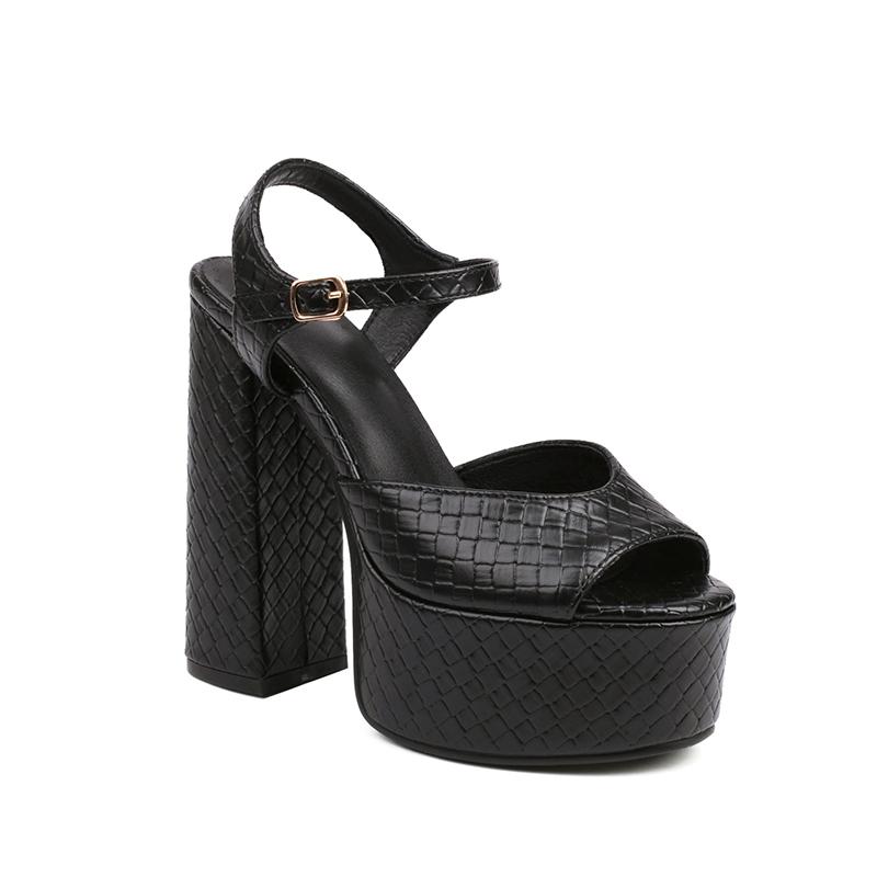 Three-Dimensional Plaid Fretwork Ultra-High Thick Heel Peep Toe Sandals Platform High Thick Heel Ankle Buckle Women's Sandals