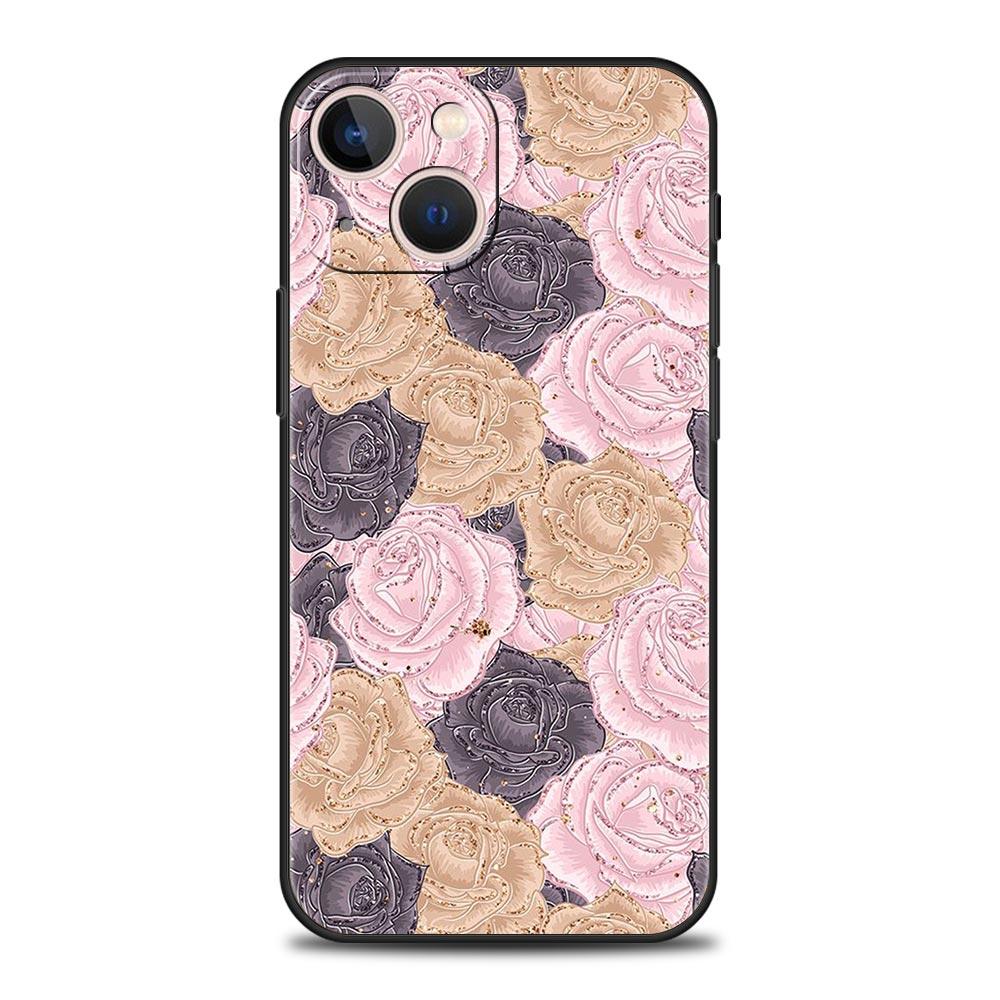 Gold Rose Love Heart Phone Case For iPhone 17 16 15 Pro Max 11 12 13 14 7 8 Plus SE 2020 X XR XS Cover Soft Black