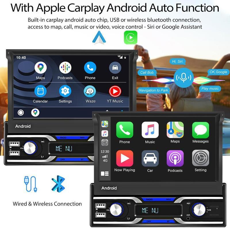 1 Din 7 Inch Android 10.1 Car Radio Autoradio Support Wireless Carplay and Android Auto GPS Navigation Wifi Bluetooth USB FM Rear View