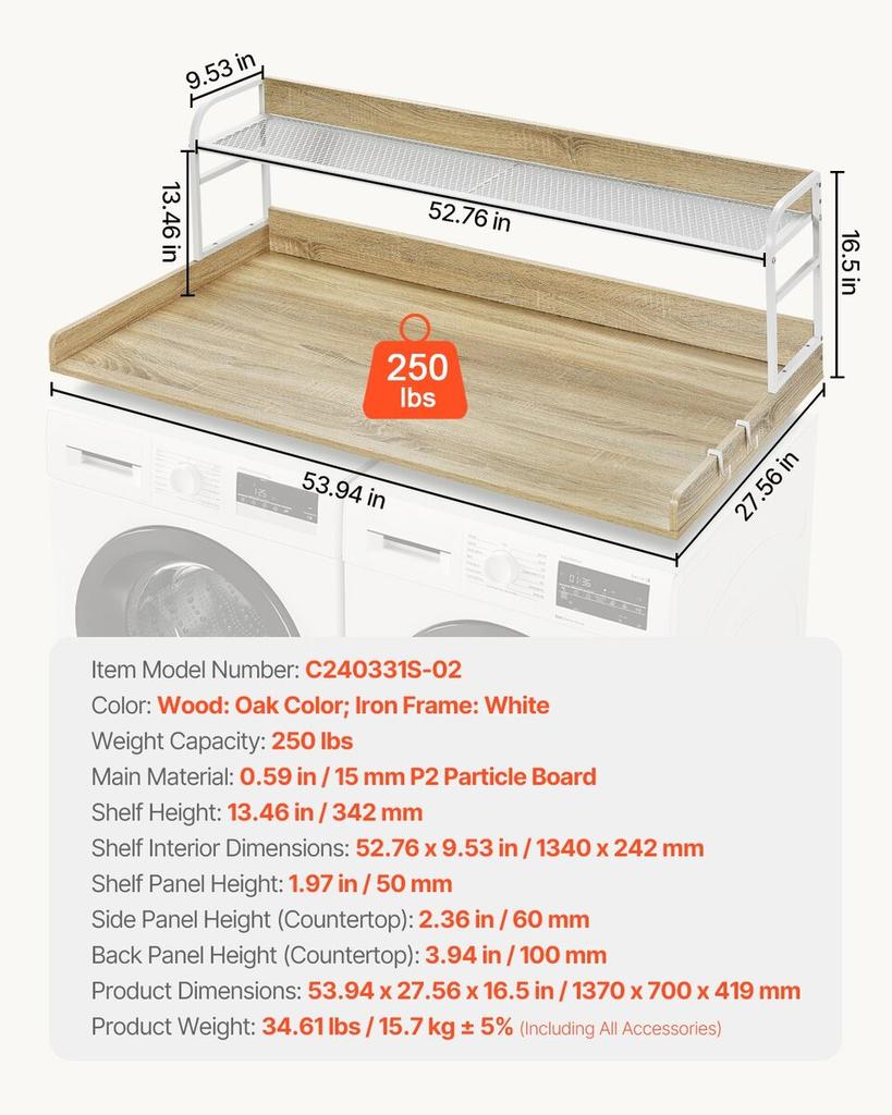Washer Dryer Countertop with Shelf 54"x27" Wooden Washer Dryer Cover Oak