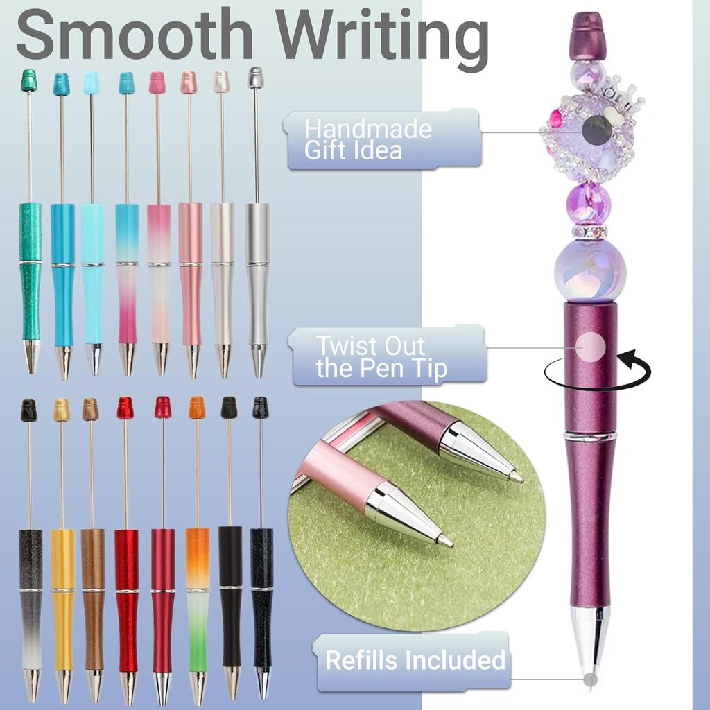 Beadable Writing Pens for Crafting 16-Color DIY izable Pen Set for School, Office & Creative Gifts | Smooth Writing, Stainless Steel Shaft