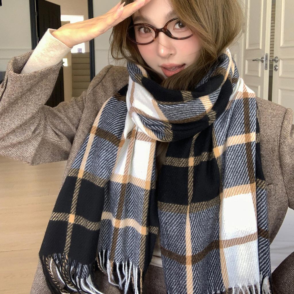 Clearance Plaid Imitation Cashmere Scarf Autumn and Winter Korean New Ins Style Retro Winter Warm Versatile Shawl Scarf