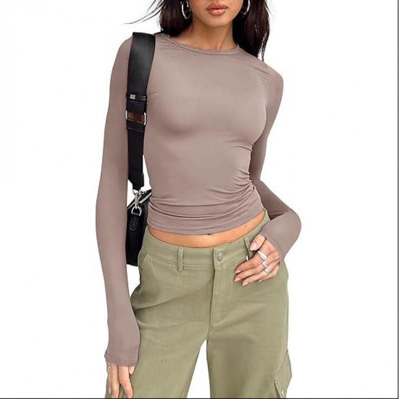 Womens Basic Long Sleeve Top Slim Fit Round Neck Milk Soft Tee Casual Everyday Wear