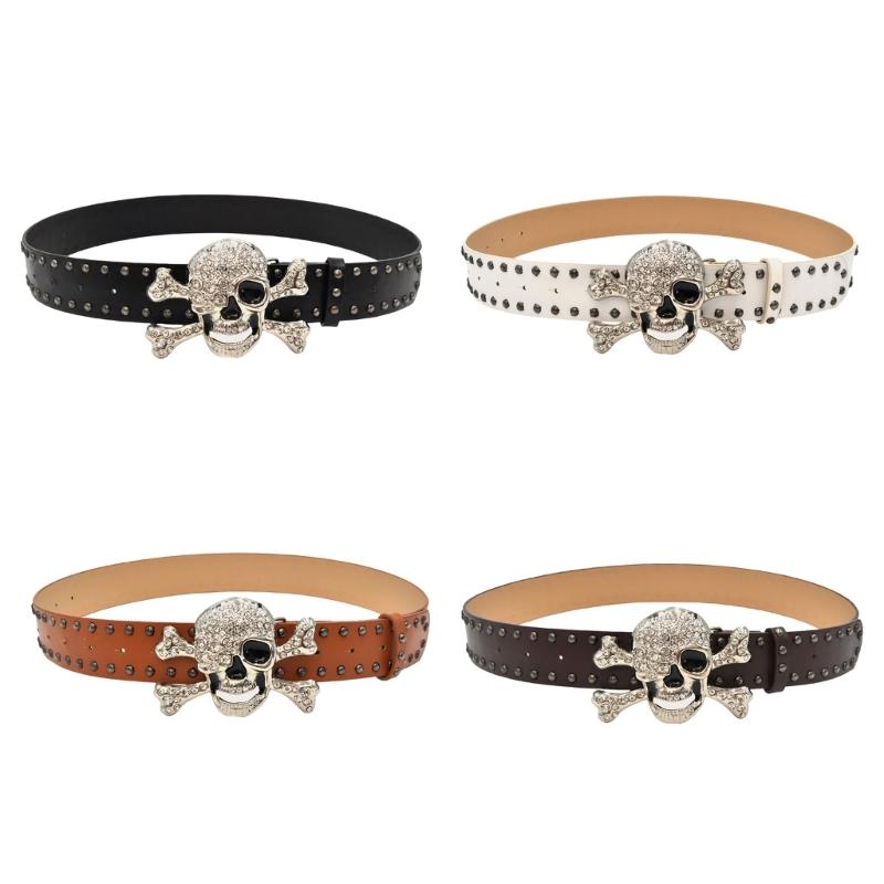 Punk Totenkopf Strass Nietenbesetzter Gürtel Für Männer Frauen Gothic Modeaccessoire mit Verstellbaren Schnallen