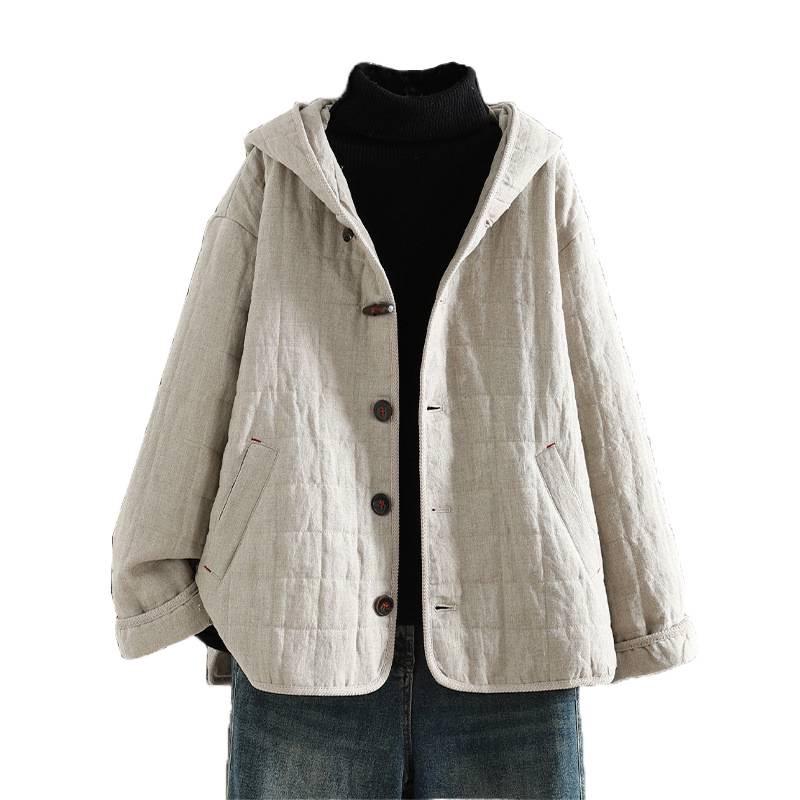 2025 Winter Damen Kapuzen-Steppjacke mit künstlerischem Karomuster und Hornknöpfen