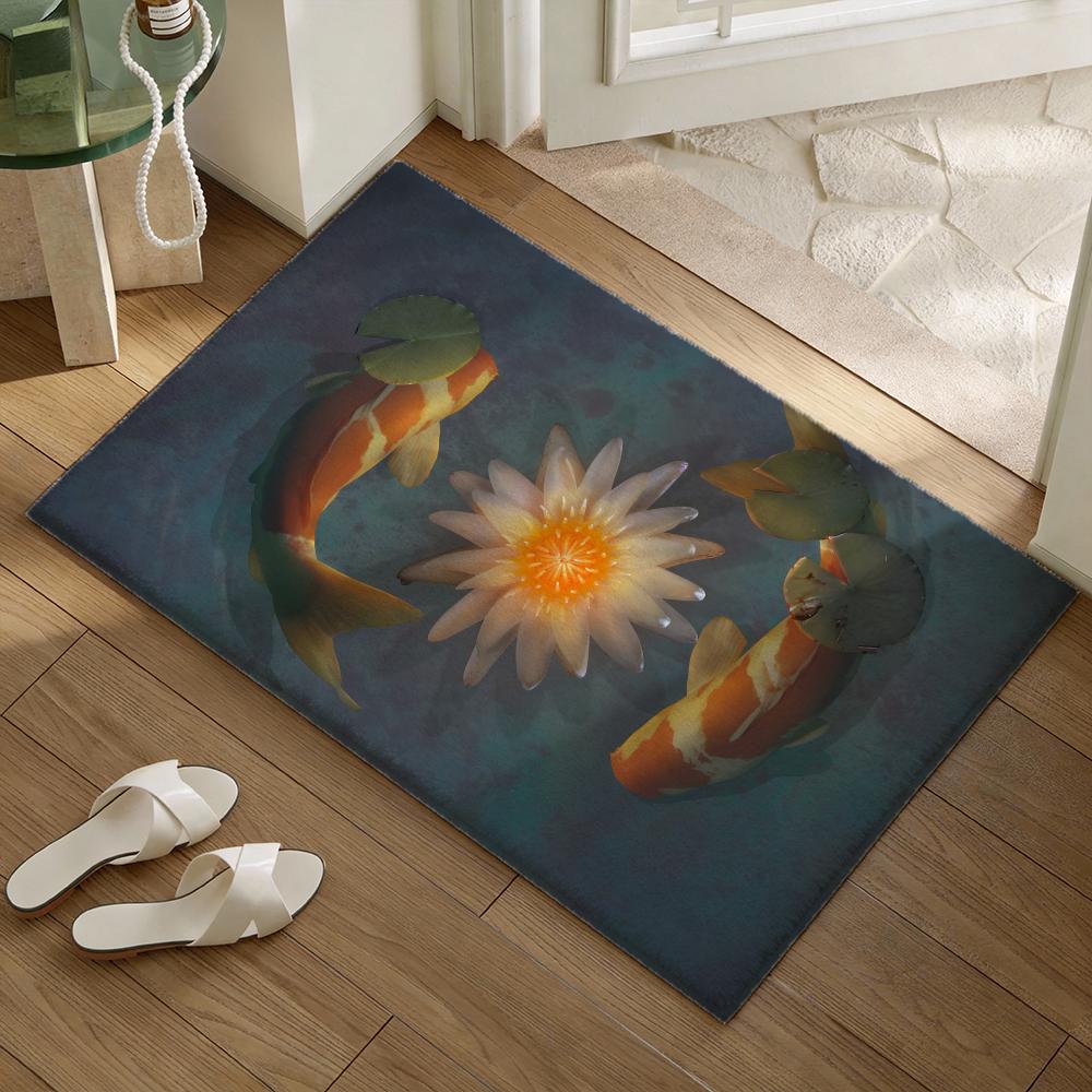 Koi-Fische, die Ihnen Glück bringen Bodenteppich Weiche Flanell-Tür Matte Rutschfest - Verdickter Teppich für Wohnzimmer Heimdekoration