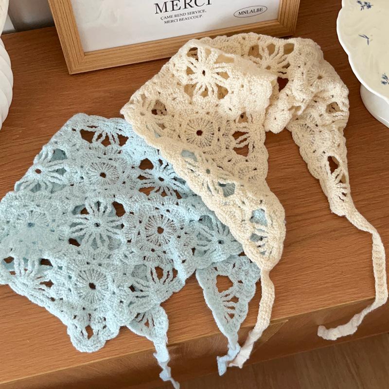 Modischer Strick-Kopfschal Damen Französischer Pastoralstil Dreieck Stirnband Handgemacht Gehäkeltes Stirnband Tuch Retro Blumen-Kopfschal