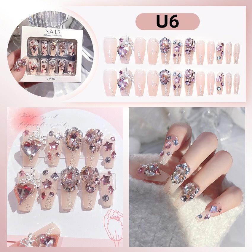 White Blue Color 3D Rabbit Star Rhinestone Designs-Full Cover Acrylic False Nails for Women and Girls Detachable Long Fake Nails
