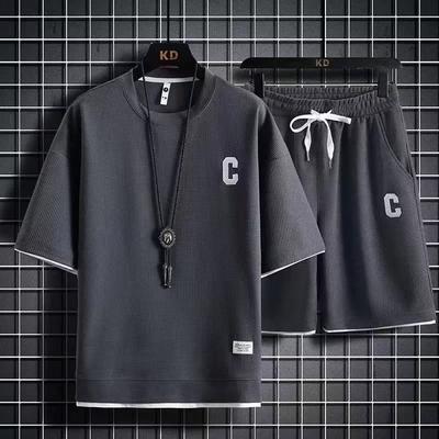 Heren Wafel Zomer Sets Casual T-shirt + Shorts Set Heren Sportpak Effen Kleur Trainingspak Losse Pakken