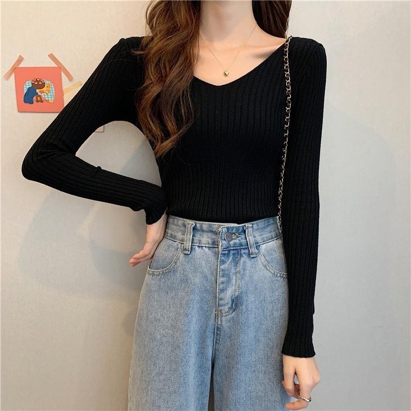 Damen V-Ausschnitt Pullover Slim Pullover Eng Langärmlig Einfarbig Einheitsgröße Strickware Frühling Herbst Pendeln