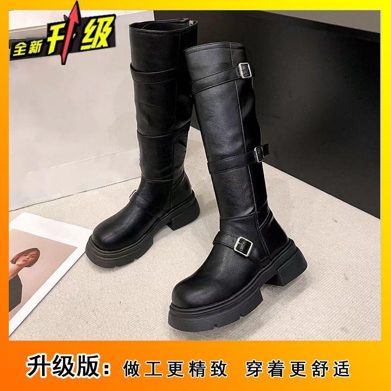 Retro Martin boots women's knee-high boots 2025 new with skirt fashion belt buckle slim boots