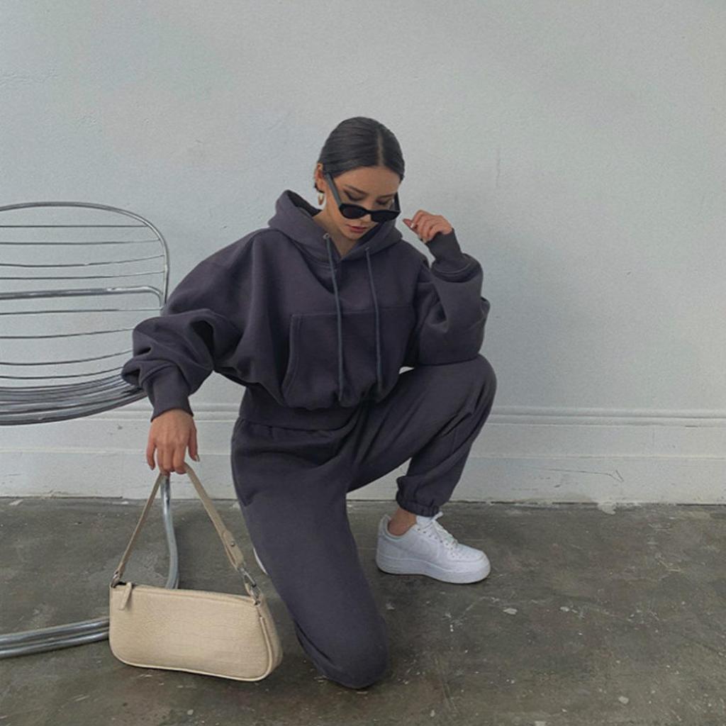 Women Solid Color Long Sleeve Hooded V Neck Hoodies Suit Autumn Winter Loose Top Wide Leg Pants