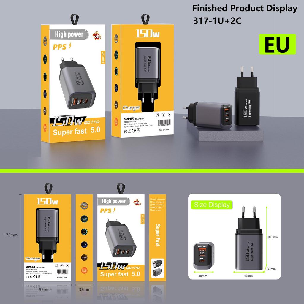 150W Multi-Port Smart Charger with USB and Dual USB-C for Apple & Huawei Phones