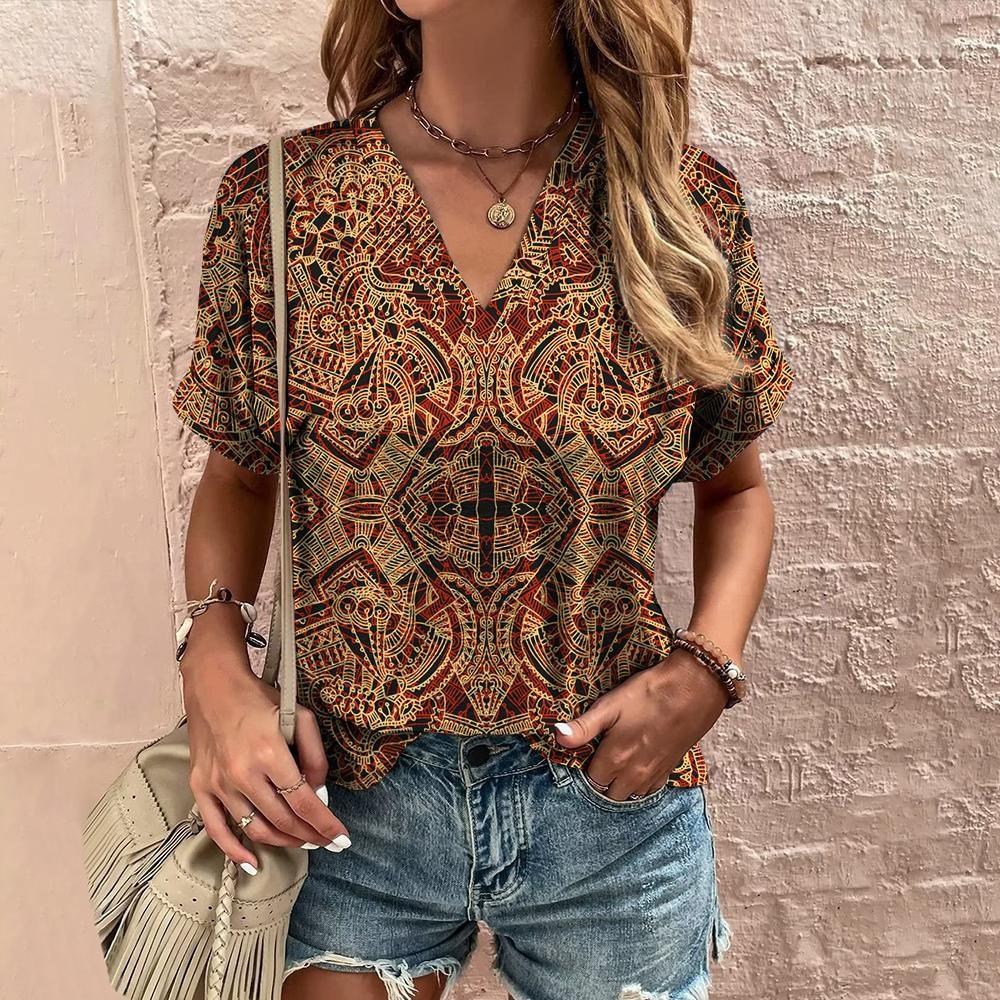 Women's T-shirt retro floral print summer casual V-neck women's clothing short-sleeved T-shirt women's fashion