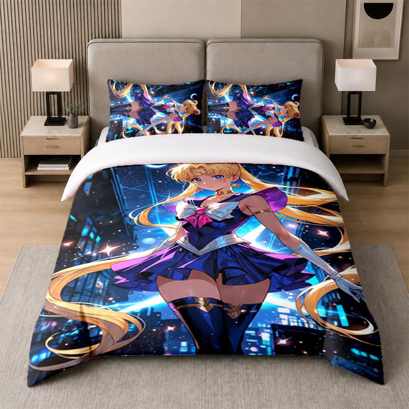 3Pcs Bed Set,Sailor Moon 1 Duvet Cover and 2 Pillowcases, Printed Bedding Decor For Guest Room