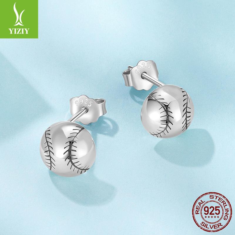 S925 Sterling Silver Baseball Stud Earrings For Men And Women, Personalized Boyfriend Style Niche Ball Stud Earrings
