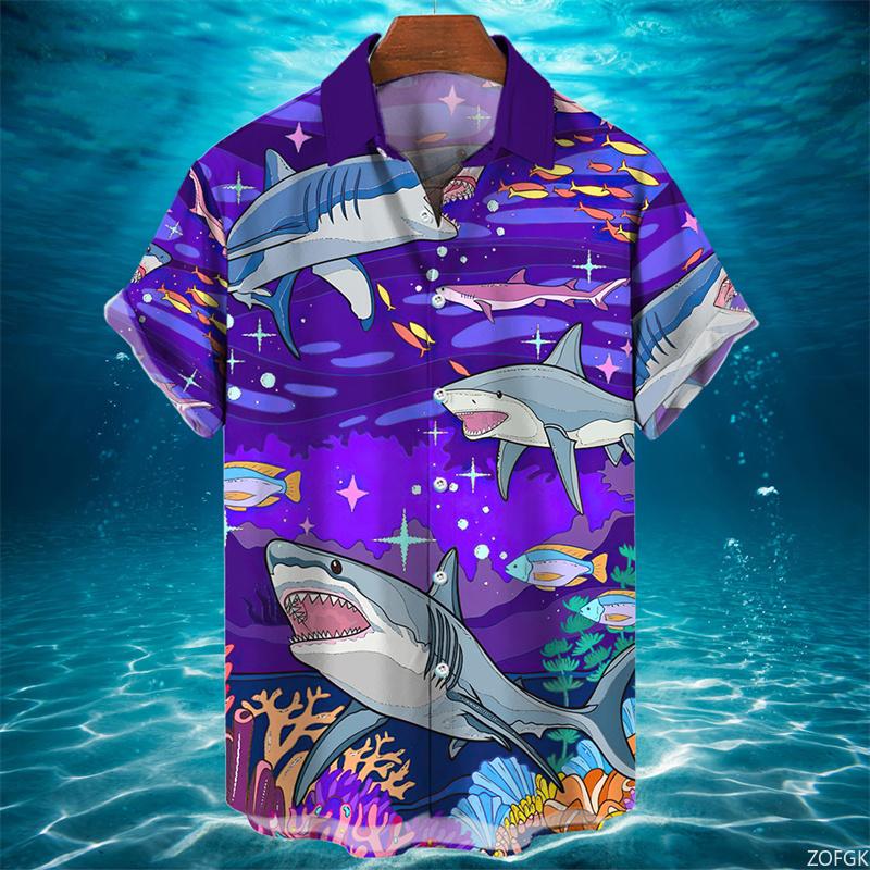 Camicia Hawaiana Uomo Estate Casual Stampa Squalo Animale 3D Moda Manica Corta Mondo Marino Larga Blusa Street Abbigliamento