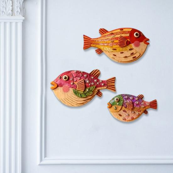 3 Stück/Set Vintage Puffer Wanddekoration, Küsten-Holzfisch Hängeornament, Maritime Meeres-Thema Wandkunst für Badezimmer, Wohnzimmer