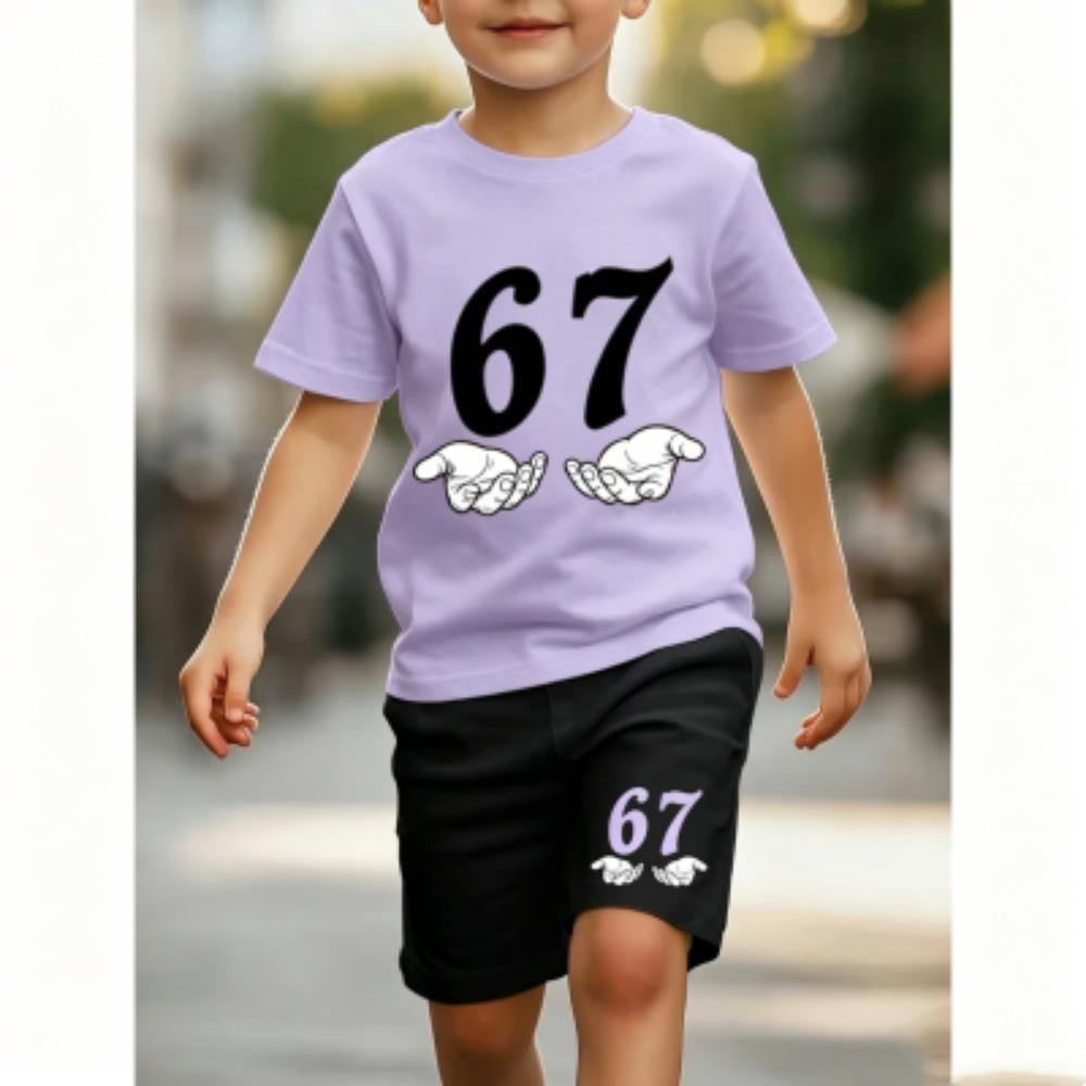 Fashion Funny 67 Palm Printed 11 Colors Kids T-shirt and Shorts 2 Piece Set Summer Home Outdoor Casual Outfit for Boy and Girl's T-shirt Sports Set