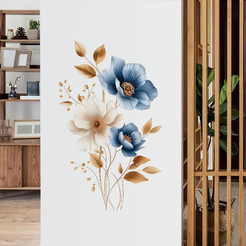 Simulated Blue White Floral Gold Leaves Wall Sticker Self-Adhesive Removable for Bedroom Hallway Elegant Home Decor Art