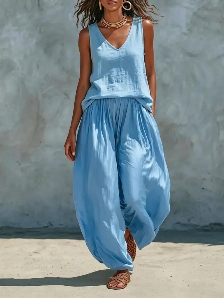 Damen Lässiges V-Ausschnitt Ärmelloses Oberteil und Weite Hosen Set Sommer Loungewear Zweiteiliges Outfit