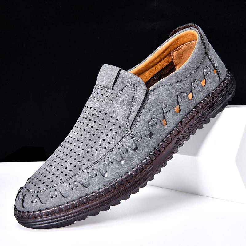 Men's Genuine Leather Casual Shoes Slip On Hollow Shoes Summer Large Size 39-48