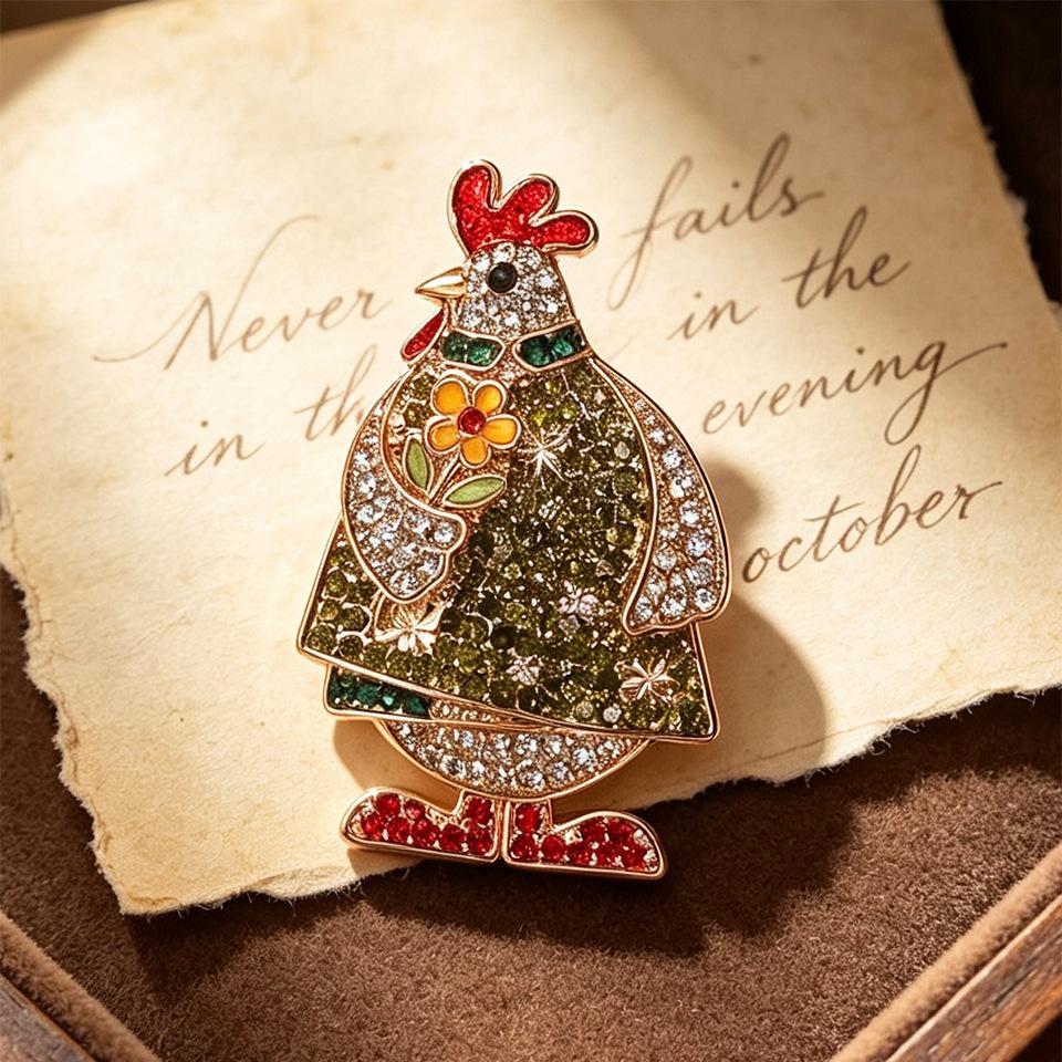 Luxury-style Diamond-studded Small Chicken Brooch, Cartoon-style Rooster Brooch Accessory, Zodiac Chicken