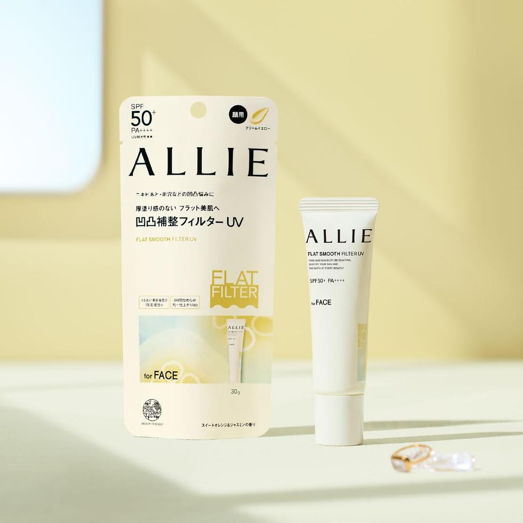 Allie Chrono Beauty Flat Smooth Filter UV LSF50+/PA++++ Wasserdichte Sonnencreme, Mattes Finish, Porenverfeinernd, Make-up-Basis, Cremegelb