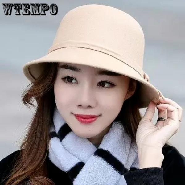 WTEMPO Women's Solid Color Warm Winter Bow Top Hats Office Ladies Outdoor Commuting Cold-proof Windproof Bucket Hats