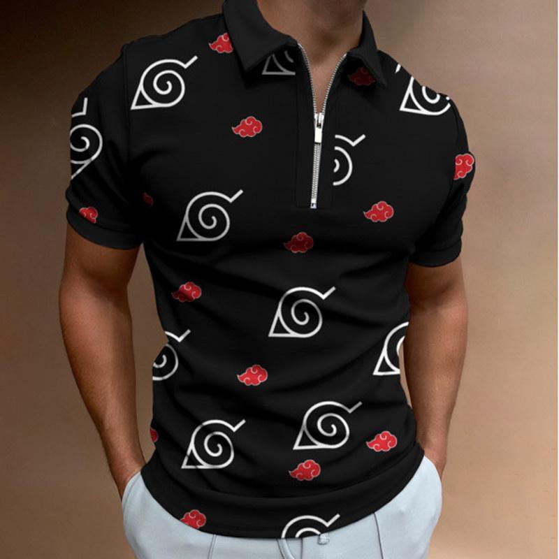 Summer Men's Casual Striped Houndstooth Digital Print T-Shirt Zipper Polo Shirt
