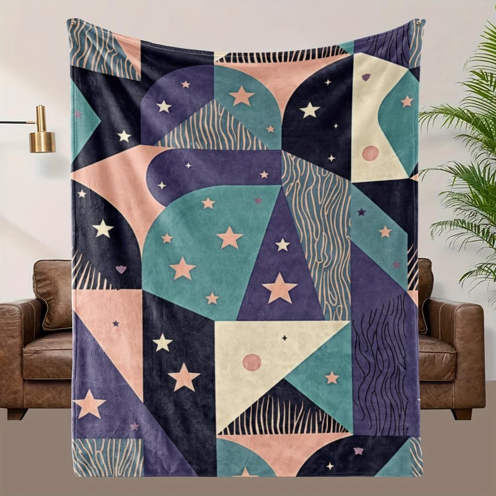 Galaxy Geometric Fleece Blanket - Soft High-Definition Digital Print, Vibrant Blue Purple Pink Teal Stars on Dark Background
