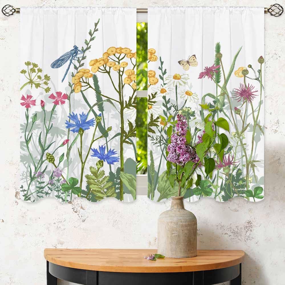 Colorful Flowers Kitchen Curtains Herbs Plants Butterfly Dragonfly Grass Short Tier Bathroom Cafe Small Window Drap Curtain Polyester Washable Ready