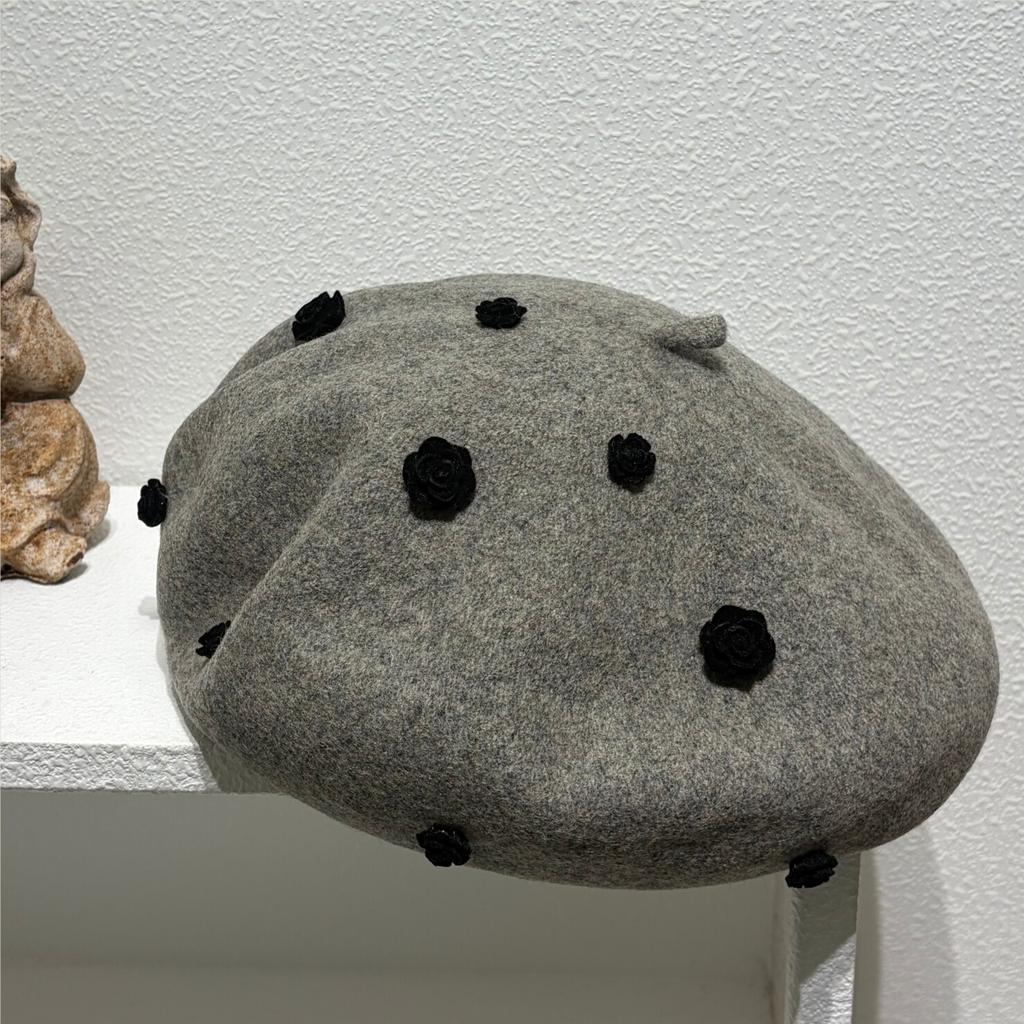 French Style 3D Rose Decor Pure Wool Beret Women Autumn Spring Elegant Lady Fashion Warm Painter Hat
