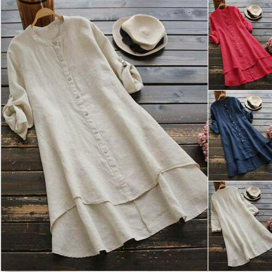 2021 Fall Cotton Linen Women's Long-Sleeve Solid Color Button-Down Shirt