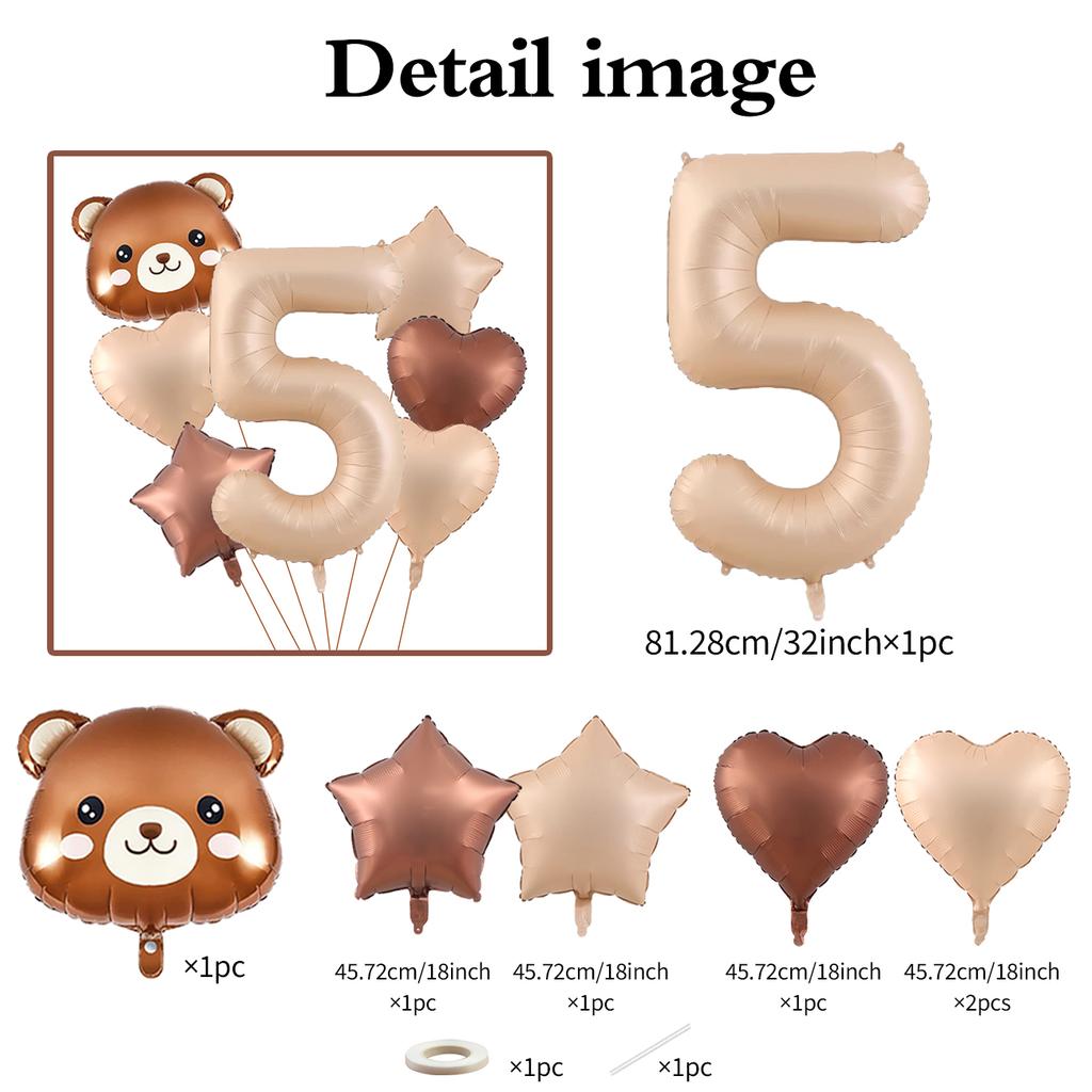 7pcs Cute Bear Balloon Set with 32 Inch Caramel Digital Aluminum Foil Balloon for Birthday Party Decoration Baby Shower Supplies