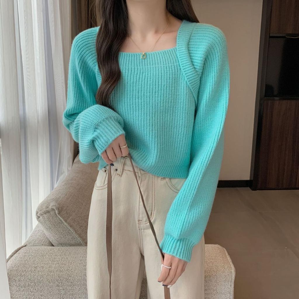 Quadratischer Ausschnitt Strickpullover Damen Herbst und Winter Kurzes Oberteil mit Puffärmeln