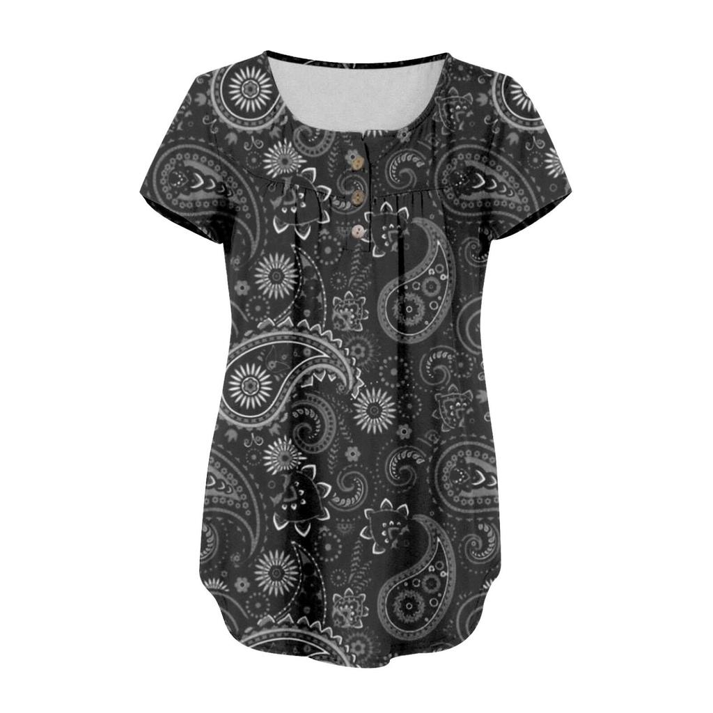 Damen-Pullover, lässig, modisch, Übergröße, bedruckt, kurzärmelig, Knopfleiste, V-Ausschnitt