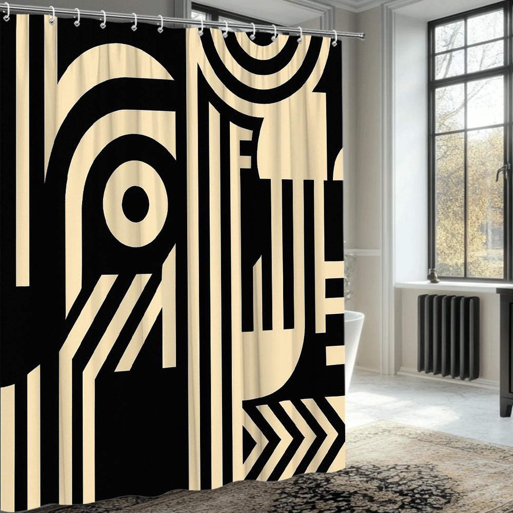 Geometric Art Shower Curtain Black White Abstract Pattern Modern Design Bold Lines Minimalist Bathroom Decor Waterproof