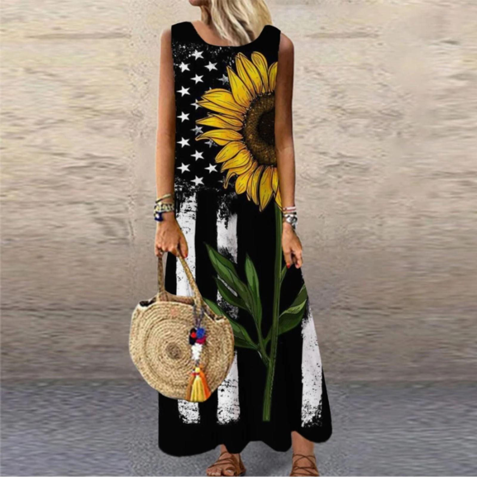 

Женское летнее повседневное свободное длинное платье без рукавов с принтом в стиле бохо M чёрный