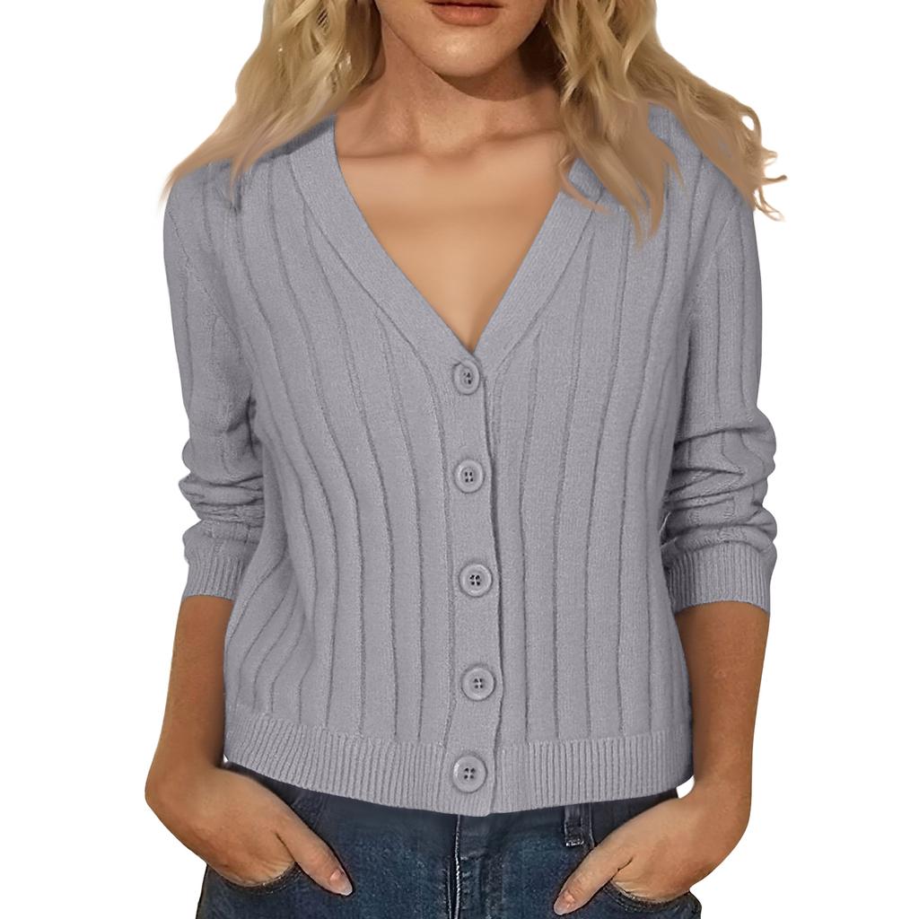 Women's Fashion Long-Sleeve V-Neck Lightweight Knit Sweater Solid Color Outerwear Top